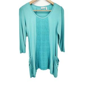 LOGO Lori Goldstein Top Womens XXS Long Knit Turquoise Embroidered Mesh Detail